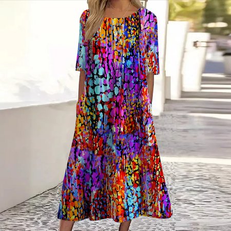 Women Geometric Crew Neck Short Sleeve Comfy Casual Maxi Dress, Orange red, Maxi