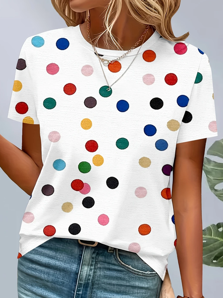 

Casual Polka Dots Crew Neck Short Sleeve T-shirt, As picture, T-shirts