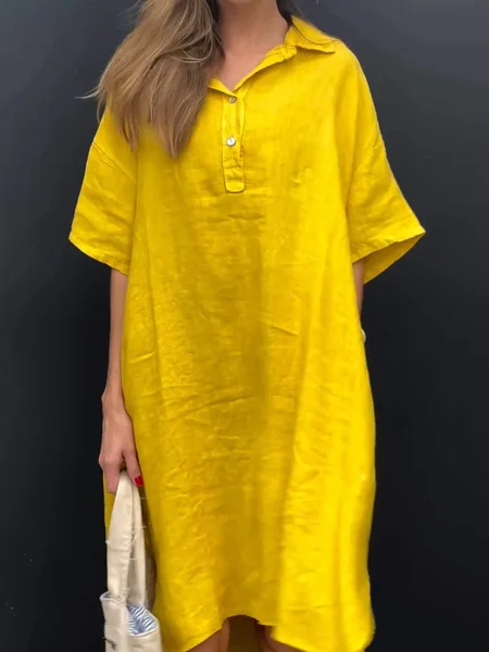 Casual Plain Shirt Collar Midi Dress, Yellow, Dresses