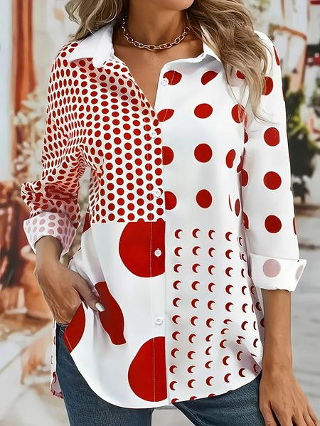 

Women Polka Dots Long Sleeve Shirt Spring/Fall Shirt Collar Daily Casual Top, Red, Blouses
