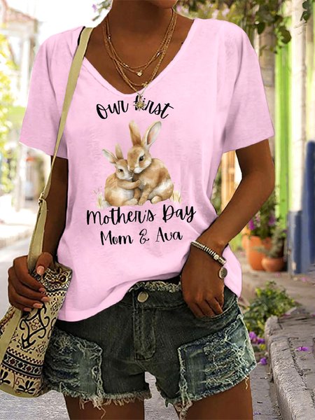 

Casual Floral V Neck Short Sleeve T-shirt, Pink, T-shirts