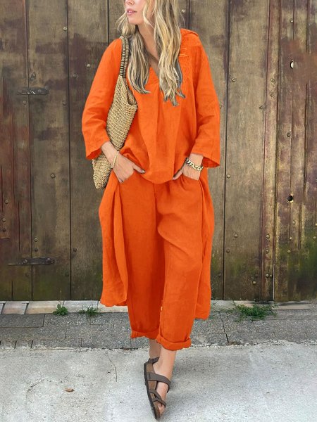 Casual Plain V Neck Two-Piece Set, Orange, Suits