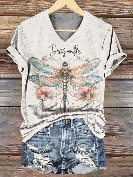 

Casual Dragonfly Print Crew Neck Short Sleeve Comfy Daily T-shirt, White, T-shirts