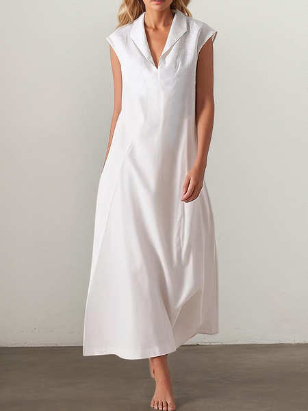 Casual Plain Shawl Collar linen-cotton Maxi Dress, White, Maxi Dresses