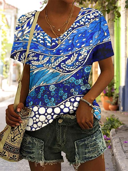 

Casual Floral V Neck Short Sleeve T-shirt, Blue, T-shirts