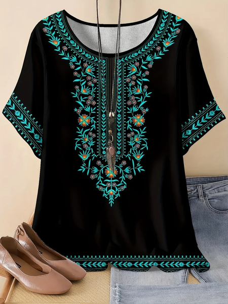 

Vintage Ethnic Geometry Crew Neck Three Quarter Sleeve T-shirt, As picture, T-shirts