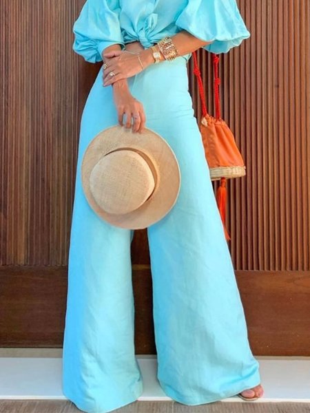 

Cotton And Linen Casual Plain Distressing Wide Leg Pants, Blue, Pants