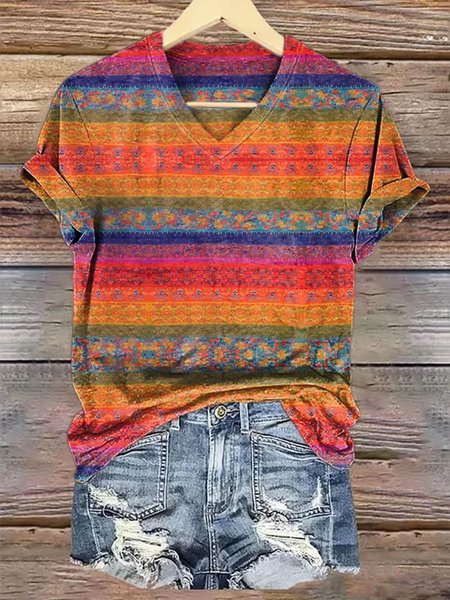 

Casual Ethnic Color Block Crew Neck Short Sleeve Daily T-shirt, Red, T-shirts