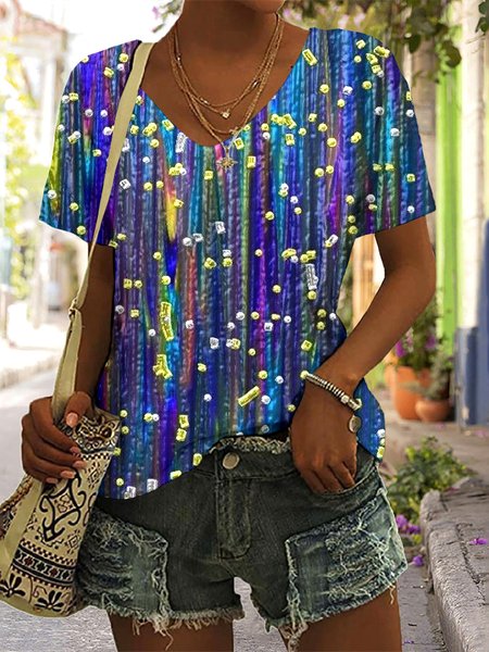 

Casual Floral V Neck Short Sleeve T-shirt, Blue, T-shirts