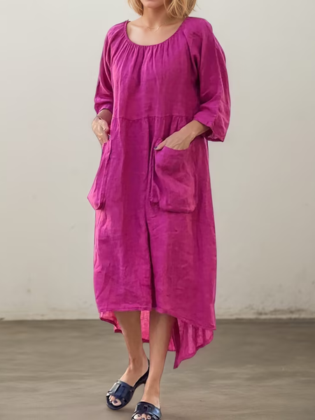 

Casual Plain linen-cotton Crew Neck Maxi Dress, Rose red, Maxi Dresses
