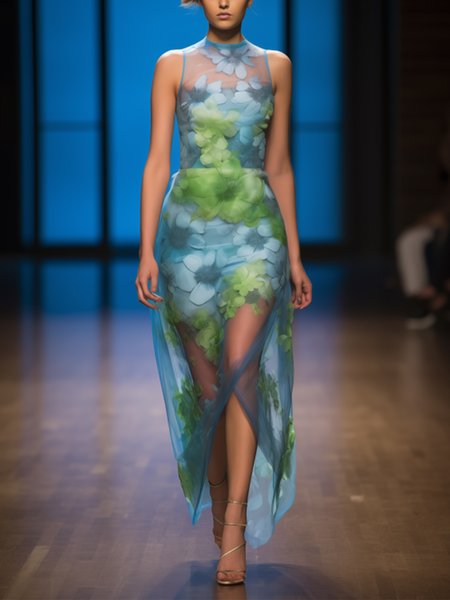 

Elegant Floral Slit Stand Collar Maxi Dress, Cyan, Maxi Dresses