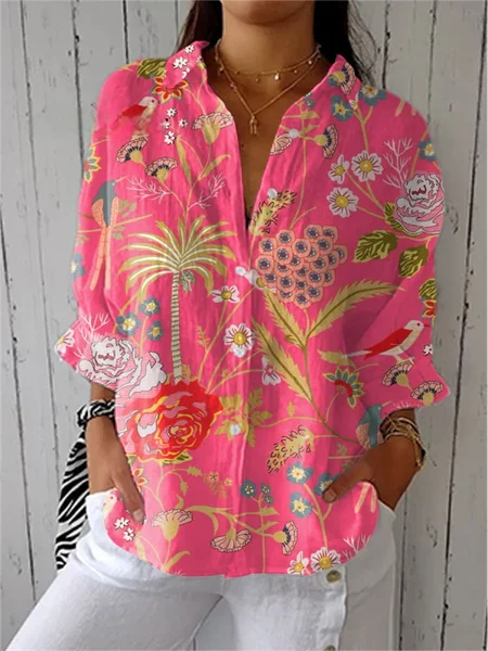 

Shirt Collar Three Quarter Sleeve Floral Regular Loose Shirt For Women, Deep pink, Shirts