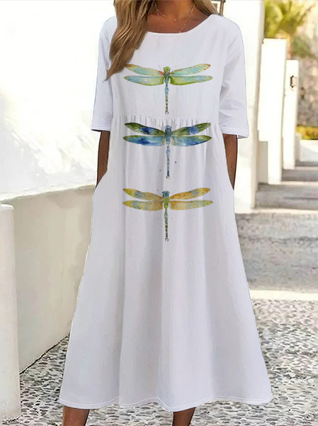 

Women Dragonfly Short Sleeve Summer Printing Dress Crew Neck Daily Casual Maxi Shift Dress H-Line Dress, White, Casual Dresses