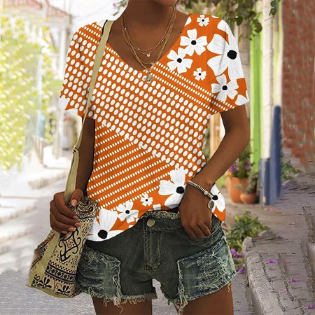 

Casual Floral V Neck Short Sleeve T-shirt, Orange, T-shirts