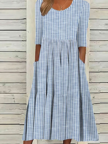 

Women's Short Sleeve Summer Blue Striped Printing Crew Neck Daily Going Out Casual Maxi H-Line Shift Dress Dress, Maxi Dresses
