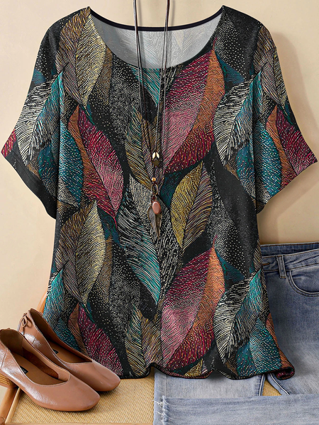 

Vintage Leaf Crew Neck Three Quarter Sleeve T-shirt, As picture, T-shirts