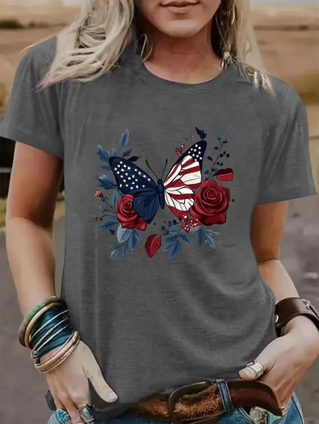 

Casual Butterfly Crew Neck Short Sleeve T-shirt, Gray, T-shirts