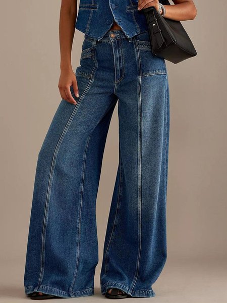 

Plain Urban Wide leg Denim Jeans, Blue, Jeans