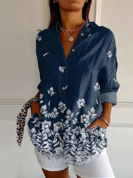 

Women Floral Long Sleeve Shirt Spring/Fall Buckle Shirt Collar Daily Casual Top, Purplish blue, Shirts