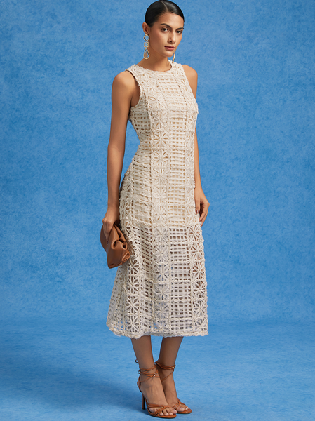 Elegant Embroidered Lace Cutout Sleeveless Dress, White, Maxi Dresses