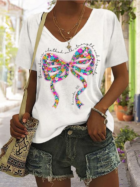 

Casual Floral V Neck Short Sleeve T-shirt, White, T-shirts