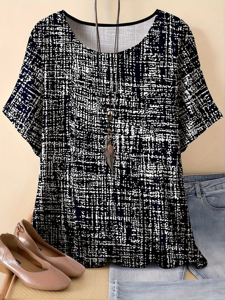 

Vintage Abstract Graphic Crew Neck Three Quarter Sleeve T-shirt, As picture, T-shirts