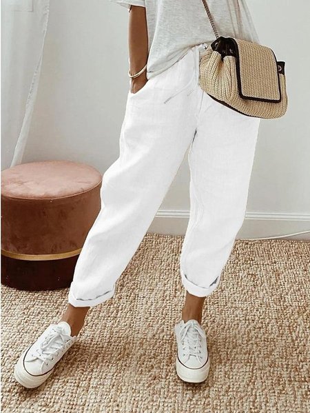 

Cotton-Blend Simple Loose Pants, White, Pants