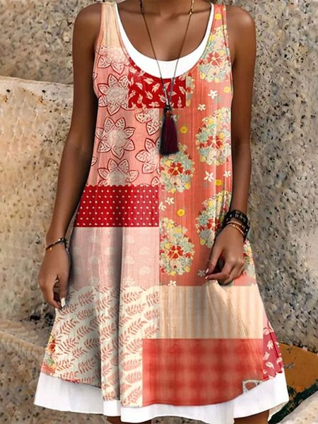 

Women Sundress Floral Print Crew Neck Sleeveless Comfy Casual Midi Dress, Red, Dresses