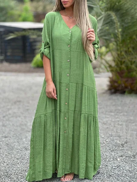 Casual Plain V Neck Maxi Dress, Green, Dresses
