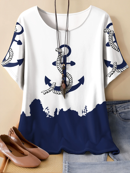 

Vintage Anchor Crew Neck Three Quarter Sleeve T-shirt, As picture, T-shirts
