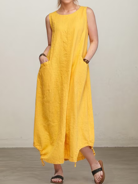 

Casual Plain Crew Neck linen-cotton Maxi Dress, Yellow, Maxi Dresses