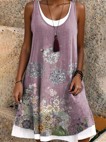 

Women Floral Sleeveless Summer Dress Crew Neck Daily Casual Midi A-Line Dress, Purple, Dresses