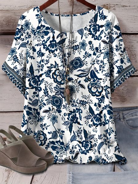 

Vintage Ethnic Crew Neck Three Quarter Sleeve T-shirt, As picture, T-shirts