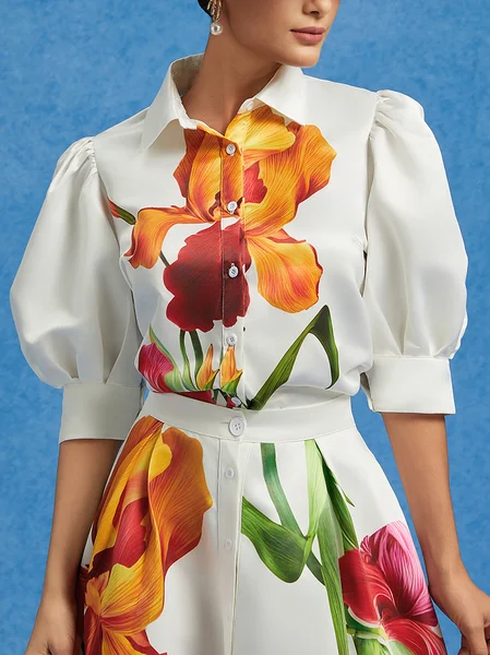 

Elegant Satin Floral Print Balloon Sleeve Blouse, As picture, Blouses and Shirts