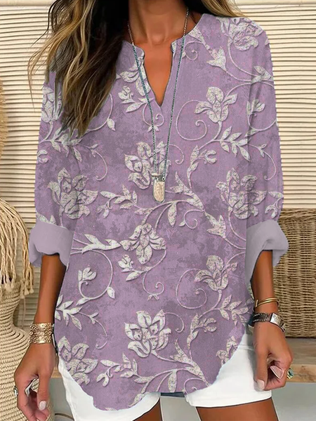 

Women Floral Long Sleeve Blouse Spring/Fall Printing V Neck Daily Casual Top, Purple, Shirts