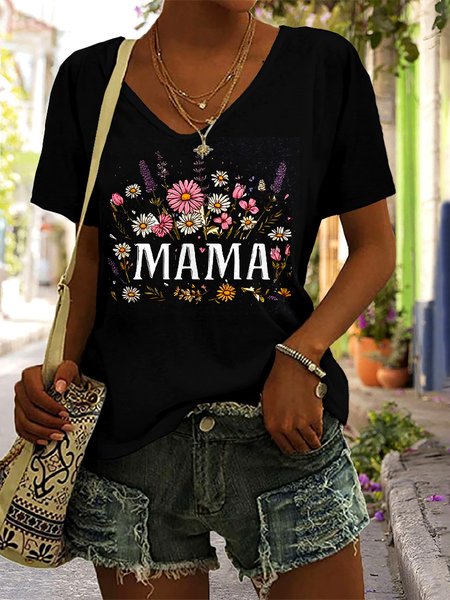 

Casual Floral V Neck Short Sleeve T-shirt, Black, T-shirts