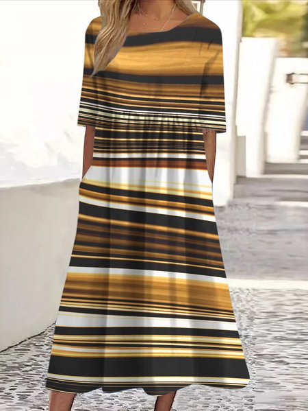 

Women Striped Crew Neck Short Sleeve Comfy Casual Maxi Dress, Brown, Maxi