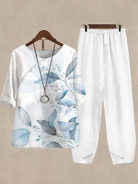 

Women Floral Crew Neck Half Sleeve Comfy Casual Printing Top With Pants Two-Piece Set, White, Sets