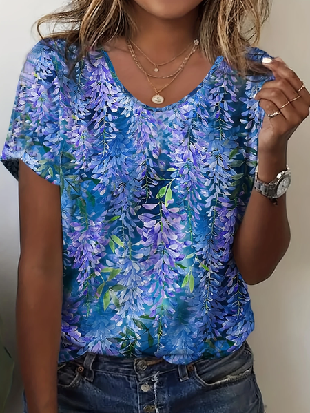 

Women Floral Short Sleeve Tee T-shirt Crew Neck Casual Summer Top, As picture, T-Shirts