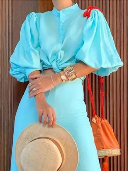 

Cotton And Linen Casual Plain Ruched Stand Collar Balloon Sleeve Shirt, Blue, Blouses and Shirts