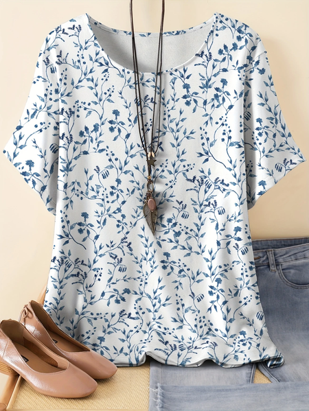 

Vintage Floral Crew Neck Three Quarter Sleeve T-shirt, As picture, T-shirts