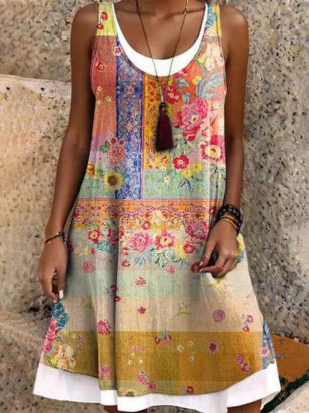 

Women Sundress Floral Print Crew Neck Sleeveless Comfy Casual Midi Dress, Yellow, Dresses