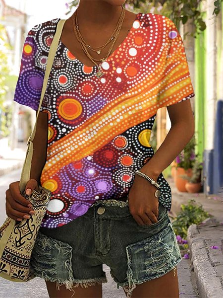 

Casual Floral V Neck Short Sleeve T-shirt, Orange, T-shirts