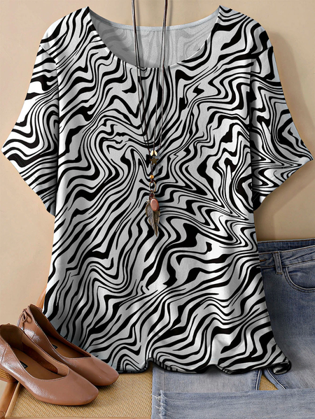 

Vintage Geometric Crew Neck Three Quarter Sleeve T-shirt, As picture, T-shirts