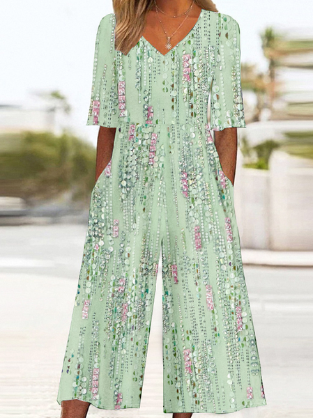 

Women Gradient Pattern V Neck Half Sleeve Vintage Summer Jumpsuit, Green, Jumpsuits＆Rompers