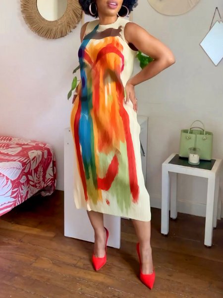 Casual Random Print Printing Crew Neck Midi Dress, As picture, Midi Dresses