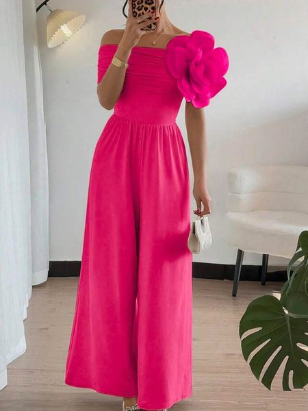 

Elegant Off Shoulder Sleeve Tube Jumpsuit With 3D Floral, Deep pink, Jumpsuits