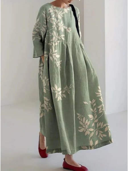 Women Floral Crew Neck Short Sleeve Comfy Casual Maxi Dress, Green, Dresses