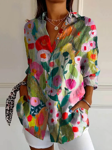 

Women Floral Long Sleeve Shirt Spring/Fall Buckle Shirt Collar Daily Casual Top, As picture, Shirts