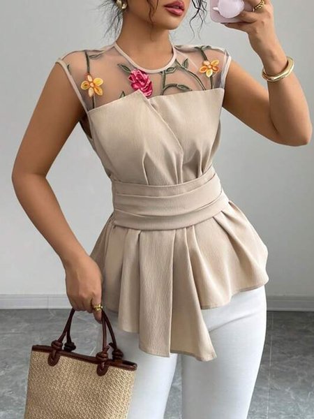 Urban Floral Split Joint Mesh Crew Neck Blouse, As picture, Blouses and Shirts